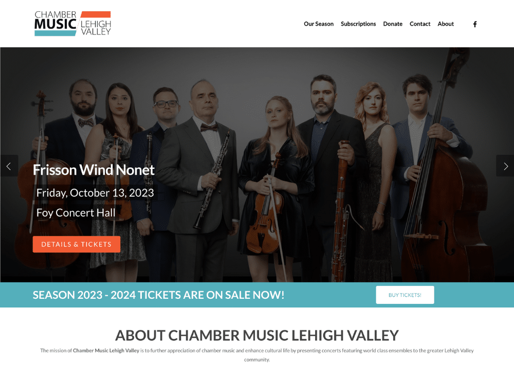SSMCommunications Sample of Our Work: Chamber Music Lehigh Valley (Snapshot of Home Page)