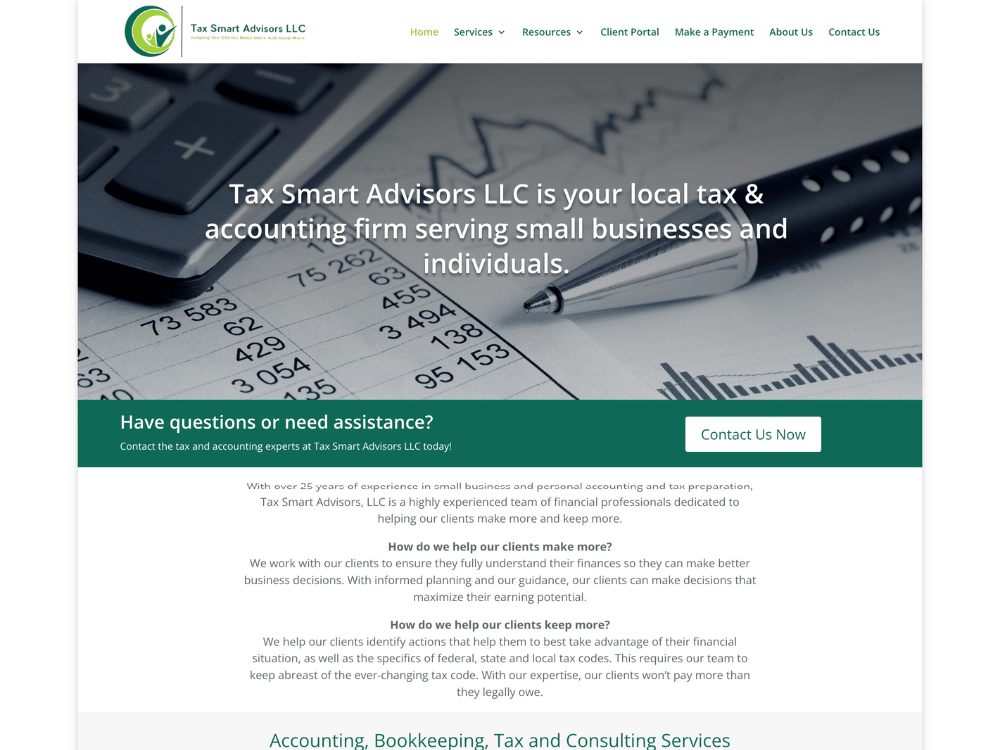 SSMCommunications Sample of Our Work: Tax Smart Advisors (Snapshot of Home Page)