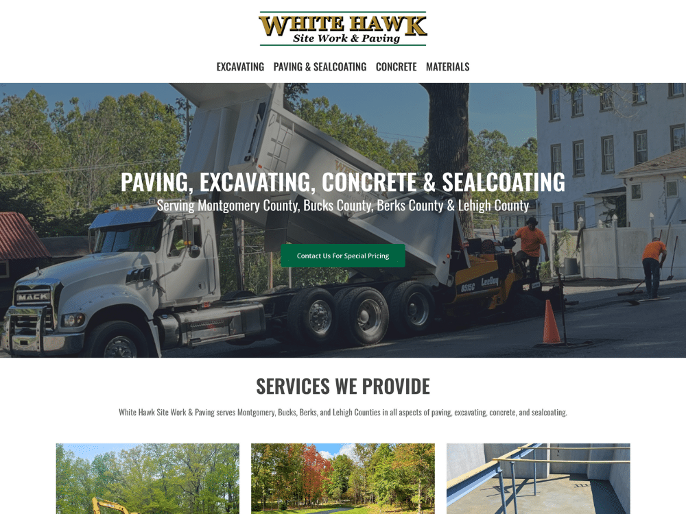 SSMCommunications Sample of Our Work: White Hawk Site Work & Paving in Souderton, PA (Snapshot of Home Page)