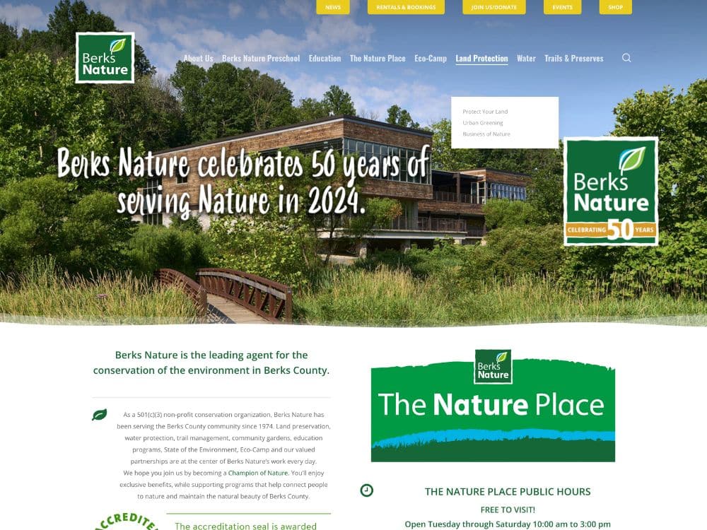 SSMCommunications Sample of Our Work: Berks Nature in Reading, PA (Snapshot of Home Page)